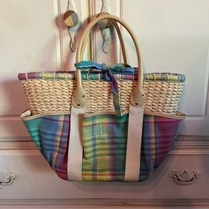 Lauren Ralph Lauren Madras Basket Straw Purse Beach Tote Bag Pastel Plaid Canvas